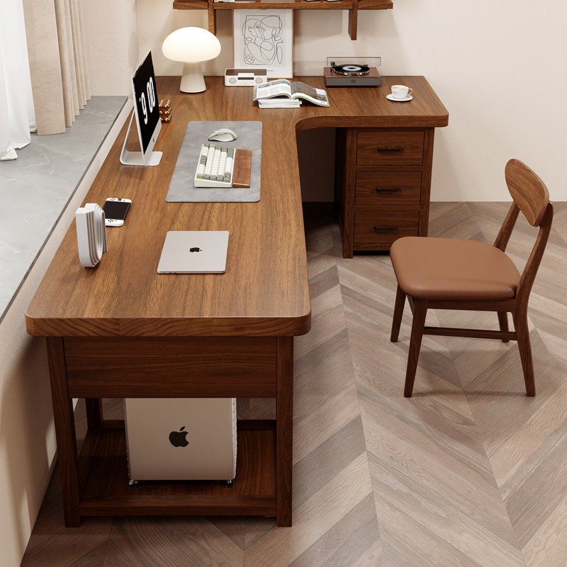 Walnut L-Shaped Solid Wood with 5 drawers desk