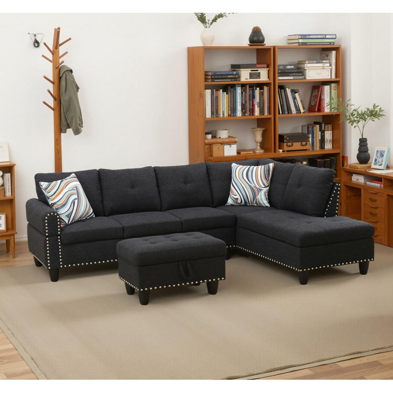 Canapé modulaire 3 pièces, Lin noir, Orienté à droite