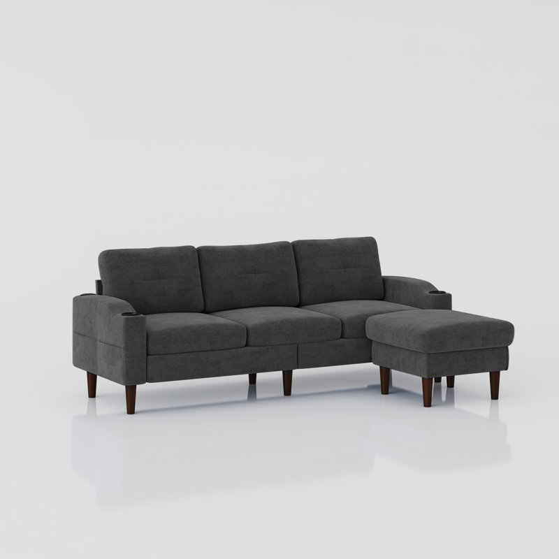 Canapé en L en forme de L avec repose-pieds et porte-gobelets Frizzell, Marron foncé, Gris foncé