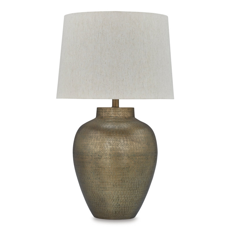 Antique Gold Hammered Aluminum Table Lamp with Beige Shade