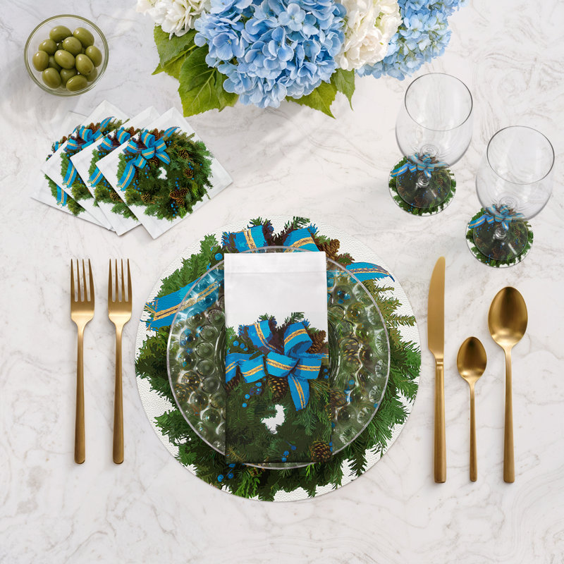 Christmas Wreath Vegan Leather Round Pebble Placemat, White Cerulean