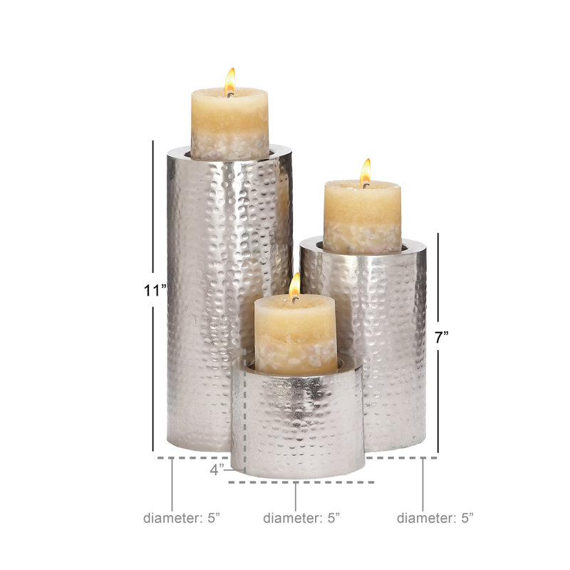 Metal Handmade Pillar Decorative Candle Holder Set, Silver