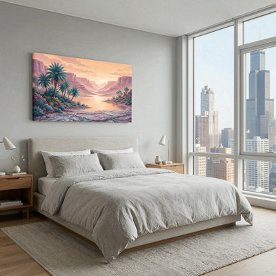 Art mural sur toile, "Desert River Canyon" avec palmiers et coucher de soleil orange