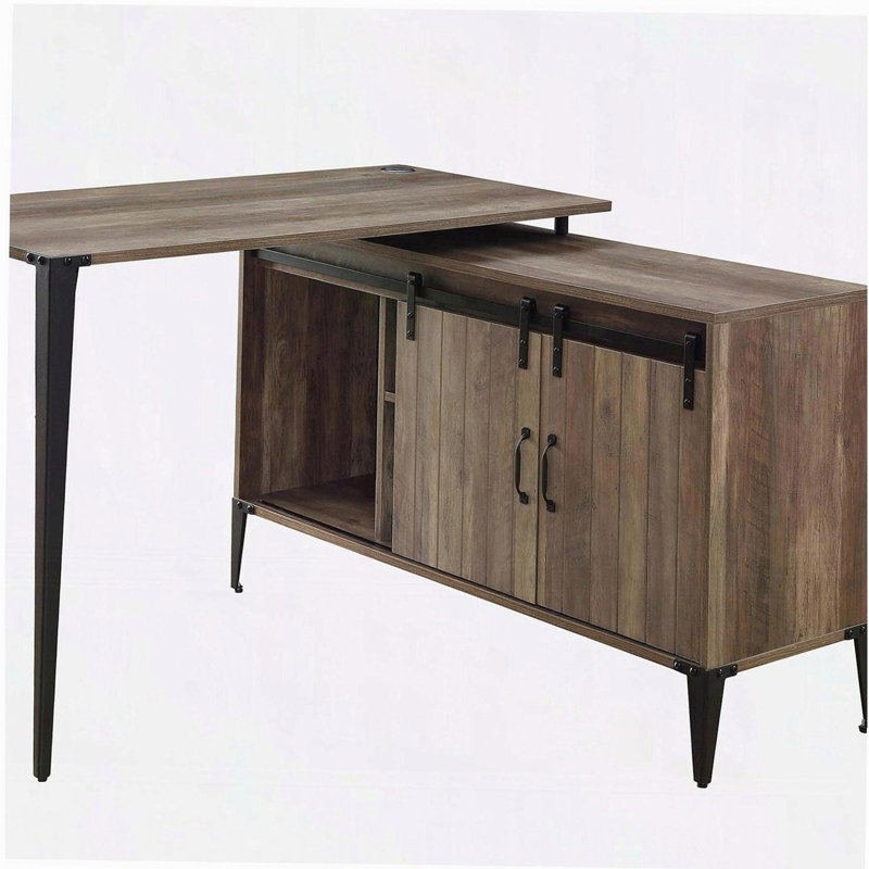Bureau d'écriture en chêne rustique avec porte de grange coulissante, Brun