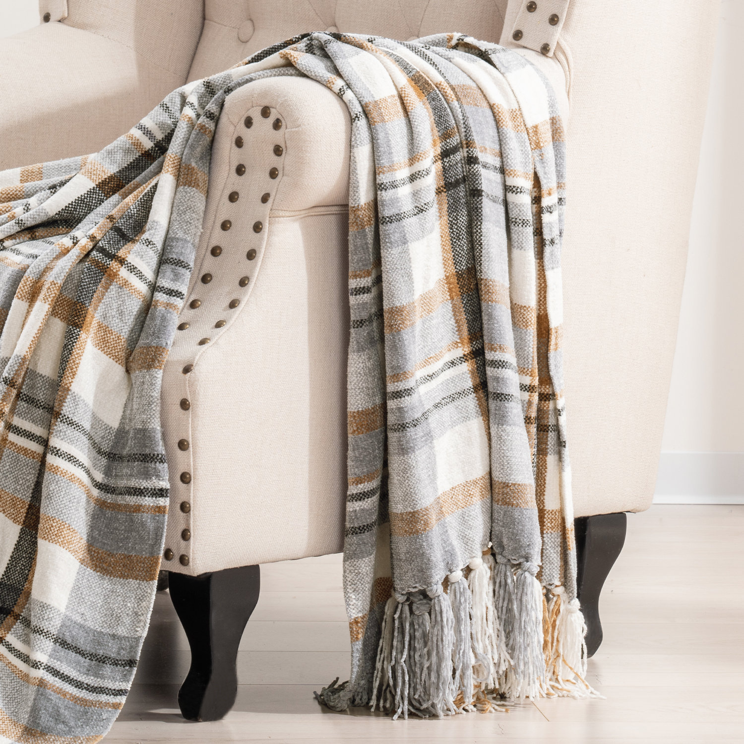 Chenille Throw Blanket, 80" L x 60" W, Gray/Warm Beige Plaid