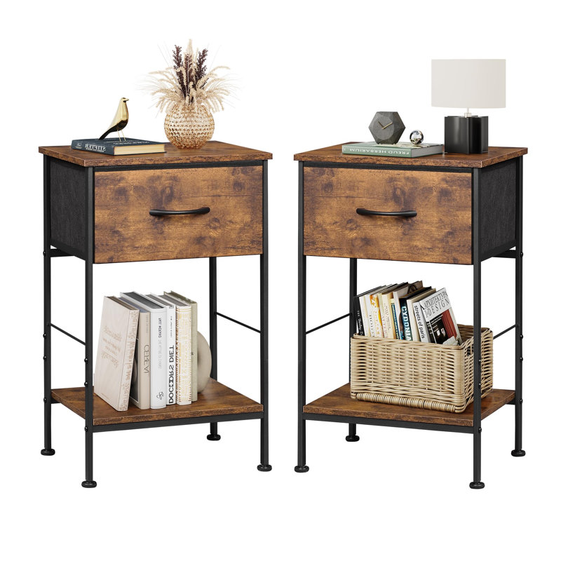 15.79'' W Metal Nightstand, Brown/Black, Set of 2