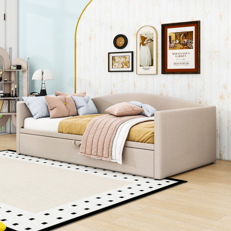 Twin Velvet Upholstered Daybed with Pop-Up Trundle, Beige