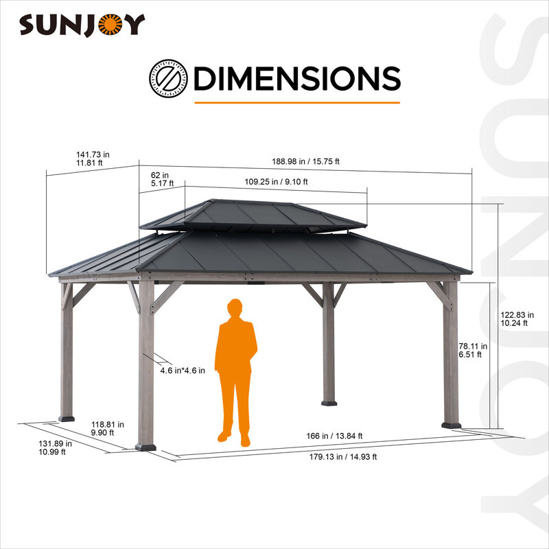 Sunjoy 12 ft. x 16 ft. Cedar Framed Gazebo with Steel Hardtop, Matte Black, Grey Cedar Wood