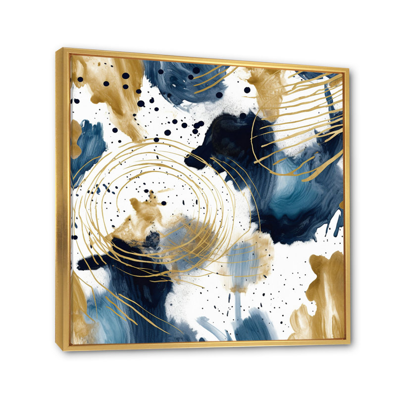 Motif abstrait avec textures bleues et dorées I, H 36 po x l 36 po x P 1,5 po, Cadre flottant doré