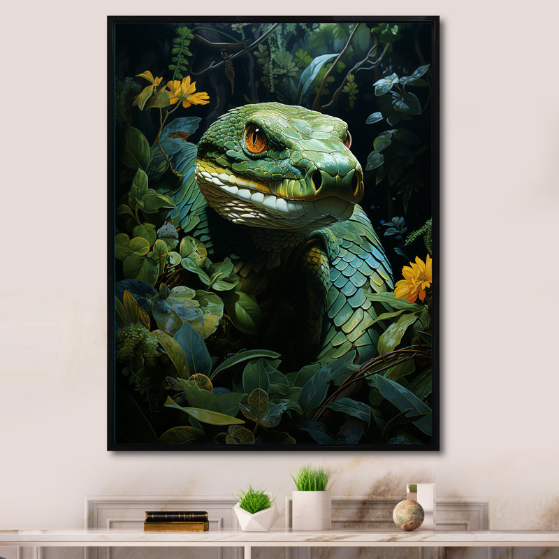 Ingred " Green Snake Solitude ", Black Floater Framed, 44" H x 34" W x 1.5" D