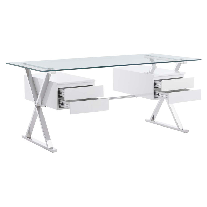 Elegant 71" White Glass Desk with Floating Drawers & Steel Frame