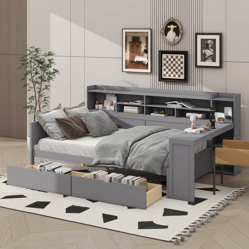 Lit de jour double en bois avec supports de rangement intégrés, lit multifonctionnel avec deux tiroirs et une table d'étude