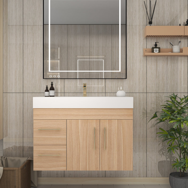 Ensemble de meuble-lavabo simple mural 35,4 ", Chêne champagne