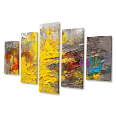 Joyeux chaos en jaune et gris I - décoration murale Collages abstraits - 5 panneaux
