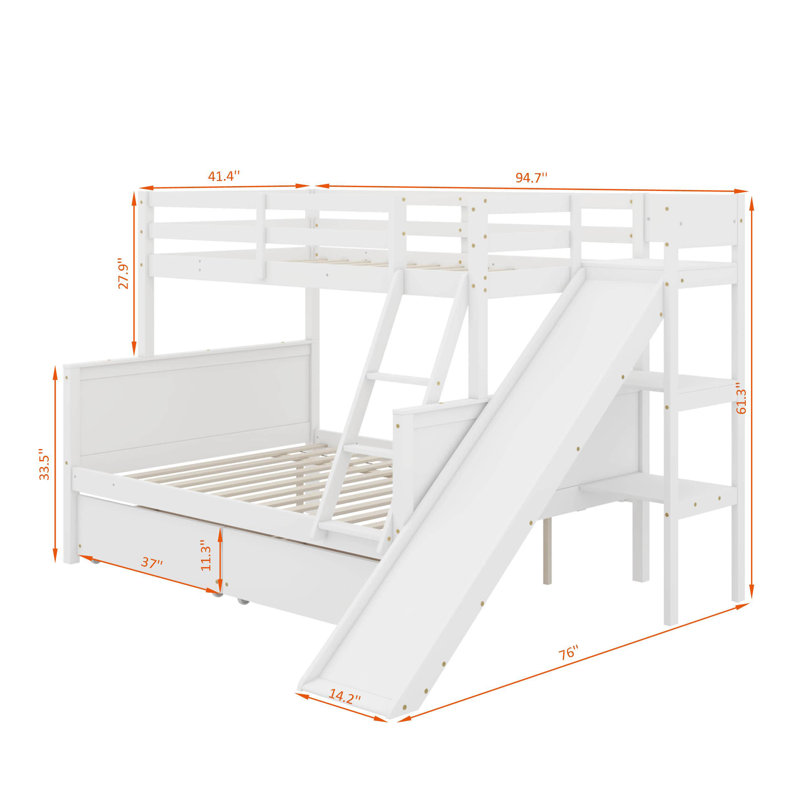Lit simple superposé au dessus d'un lit double avec 2 tiroirs, glissière, tablettes, échelle, Blanc