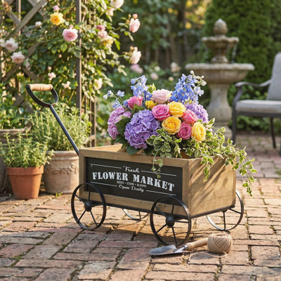 Rustic Wooden Wagon Planter with Iron Wheels and Handle,Set of 1