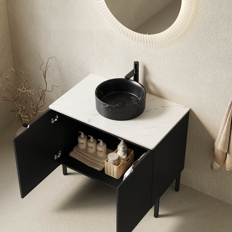 30" Bathroom Vanity with Sink, Freestanding Bathroom Storage Cabinet with 2 Doors Round Ceramic Basin with Stone Pattern & Carrara White Sintered Stone Countertop, No Faucet
