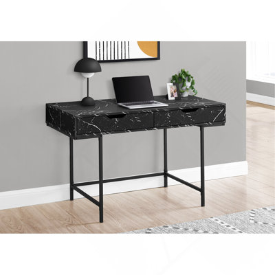 Computer Desk, Home Office, Laptop, Storage Drawers, 48"L, Work, Black Marble Look Laminate, Black Metal, Contemporary