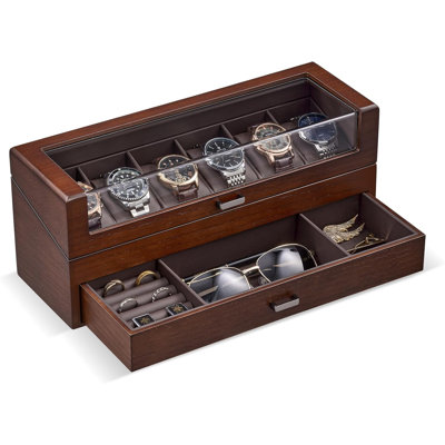 High End Wooden Watch Box for Men, 2-Layer Wood Watch Display Case Men's Jewelry Organizer Box with Drawer -6 Slot, Walnut