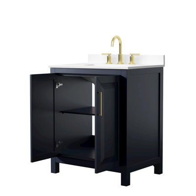 Daria 30 Inch Single Bathroom Vanity in Dark Blue, White Cultured Marble Countertop, Undermount Square Sink (3-Hole), Brushed Gold Trim