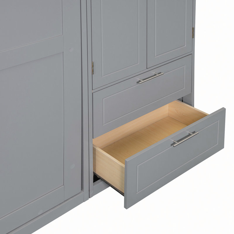 Grand lit escamotable mural avec armoire supérieure, tablettes et garde-robe, conception pliable peu encombrante, gris