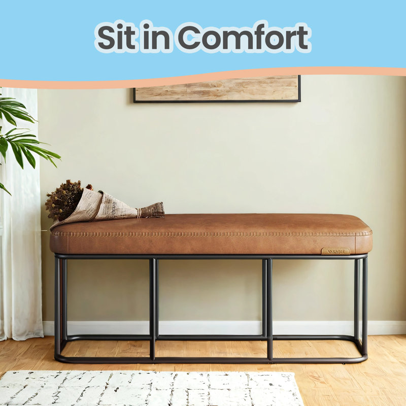 Bench For Entryway, Sitting Bench, Ottoman Benich With Steel Frame, Synthetic Leather With Stitching, Mid-Century Modern