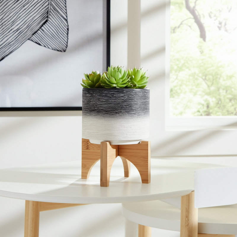 Ceramic and Wood Planter on Stand, 6" H x 5" W x 5" D, Ombre Gray