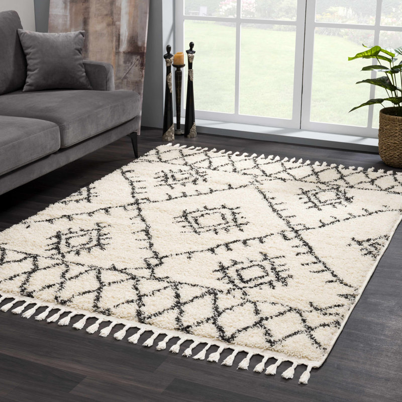 Tapis à poils longs noir et beige Adeesa, Rectangle 8 pi 10 po x 12 pi