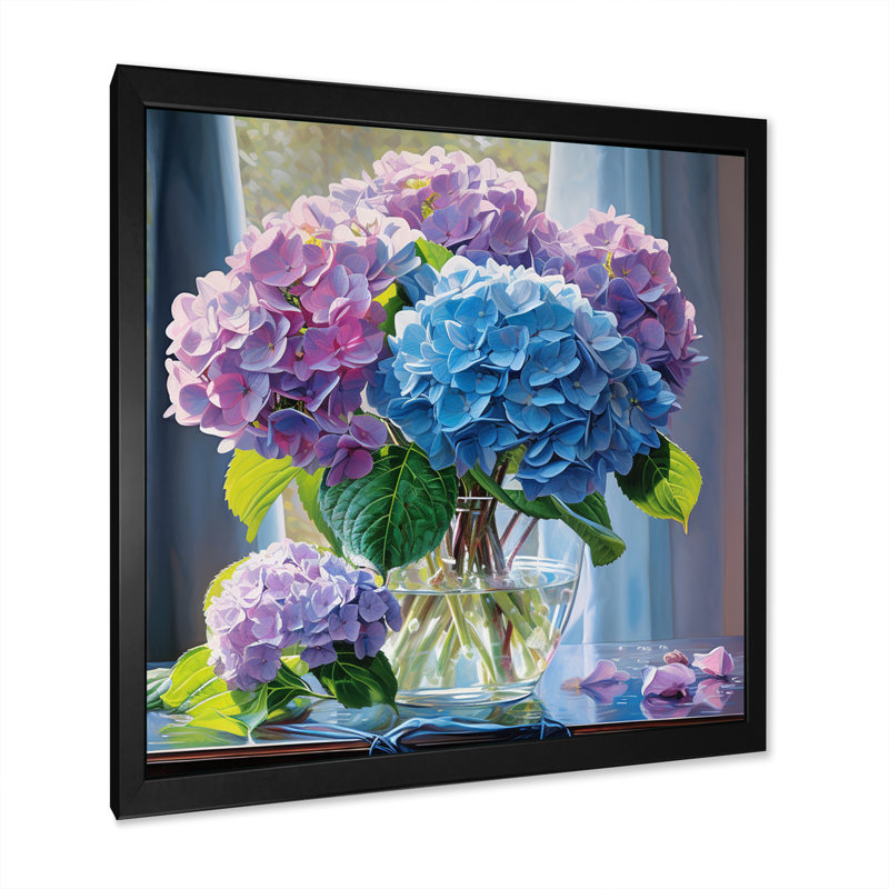 " Blue Purple Hydrangea Graceful Harmony II ", 36" H x 36" W x 1.5" D, Black Picture Framed