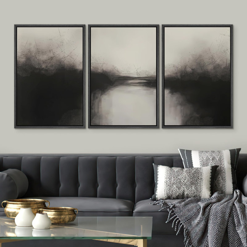«Abstrait paysage moderne, minimaliste, noir et gris, nature géométrique, nature sauvage», 3 pièces, H 36 po x l 24 po, Noir