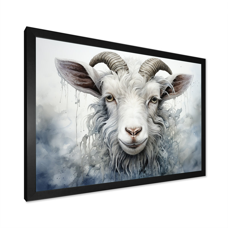 Portrait de chèvre en pâture blanche, Cadre d'angle fermé noir, H 12 po x l 20 po x P 1 po