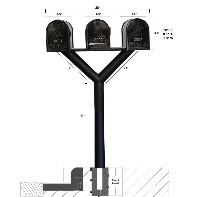 Penfield Triple Mailbox Post - 70.875'' tall with 3 economy mailboxes - Multi-Mount Post