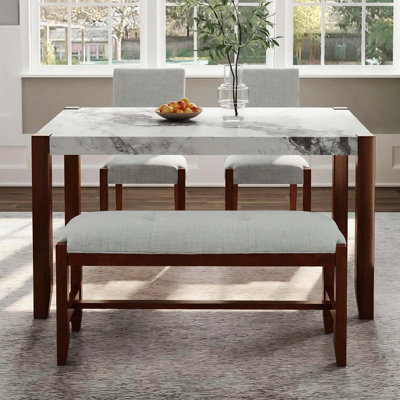 4-Piece Space-Saving Dining Set With Marble-Look Table, 2 Upholstered Chairs & 1 Bench