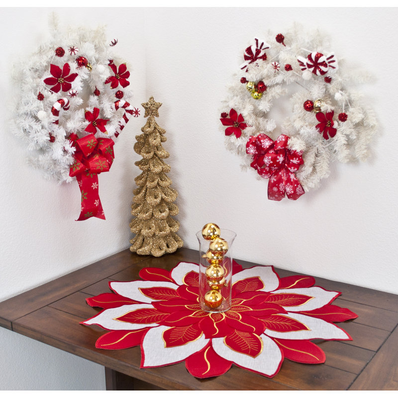 Napperon rouge / dessus de table poinsettia, Rond 33 po