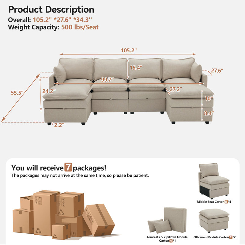 Canapé modulaire en U 105,2 po avec rangement, 34.3" H x  105.2" W x  55.5" D, Pu-beige