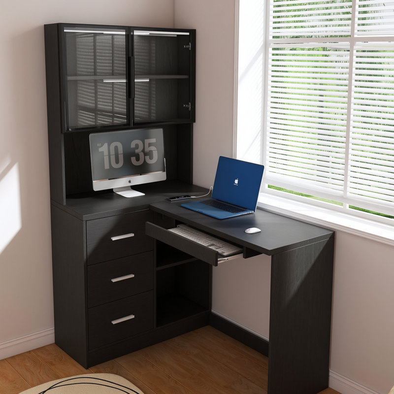 Bureau en L avec lumière DEL, chargeur USB, tiroirs et bibliothèque, Noir