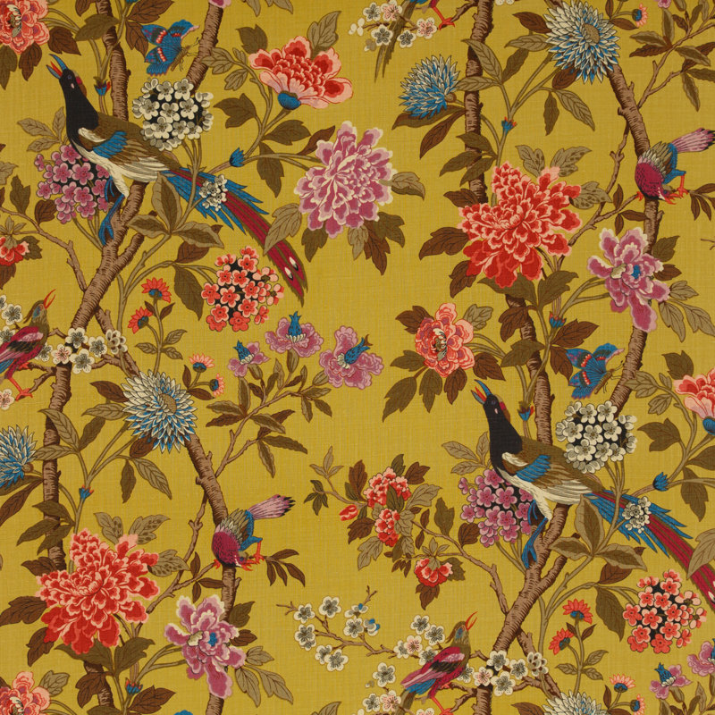 Hydrangea Bird Linen Performance Fabric, Mustard/Mauve