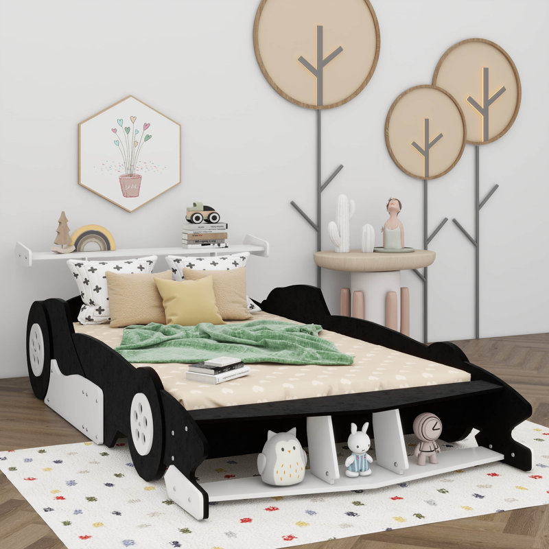 Dynamic Full Race Car-Shaped Platform Bed On Wheels, Black