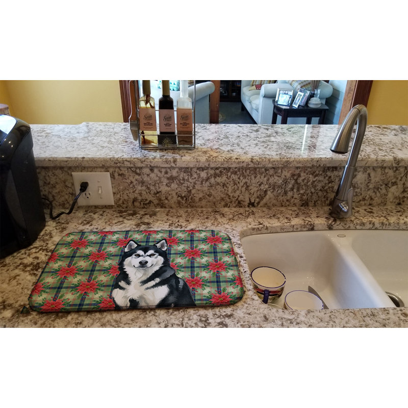 Tapis de séchage noir et blanc Alaskan Malamute Christmas PoinsettIas, Noir / blanc