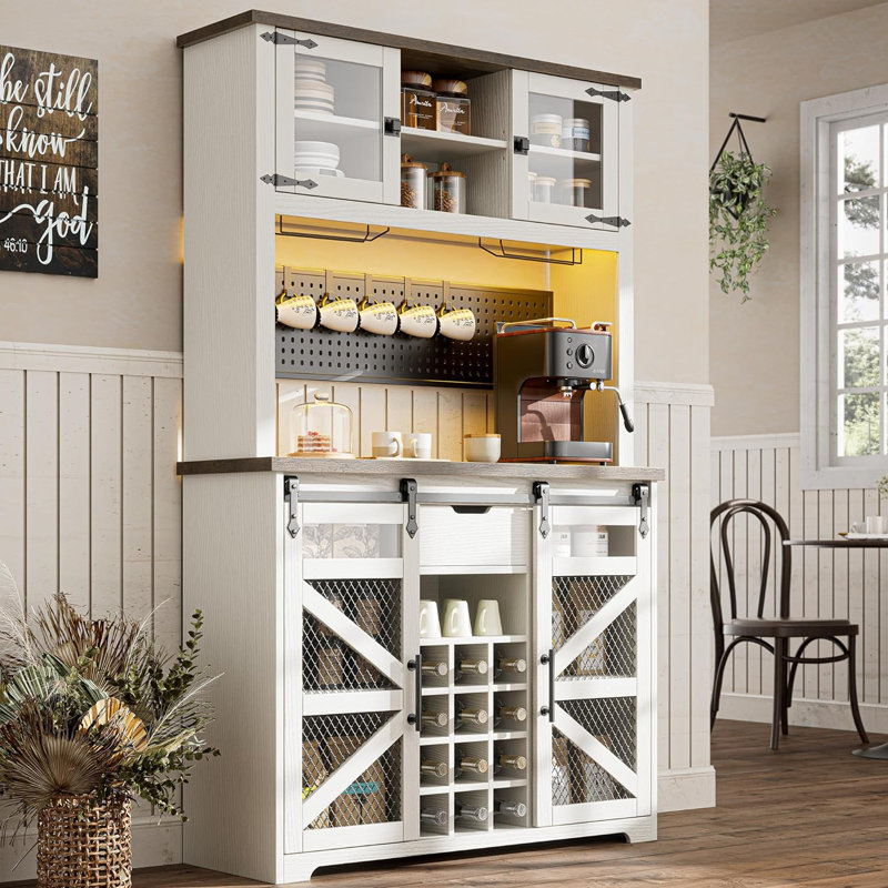 Lavorn 70" Tall Vintage Bar Cabinet with Hutch, Sliding Barn Door, LED Lights, Wine Rack, Outlets, and Pegboard
