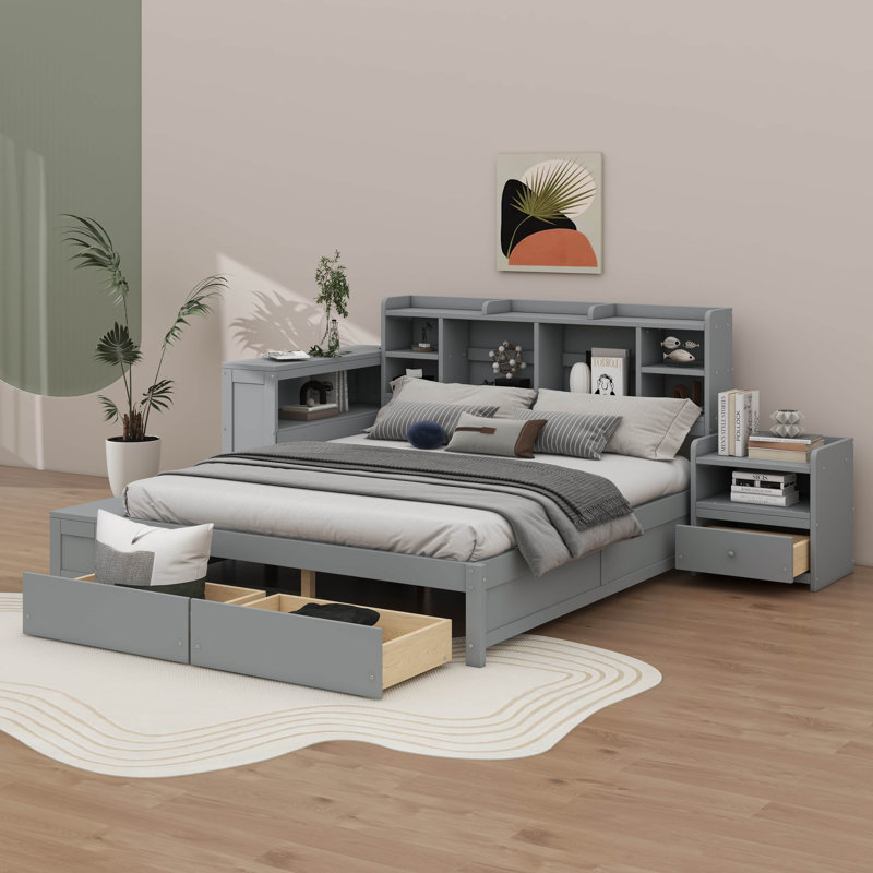 Cadre de lit complet avec ports USB et bureau intégré, gris