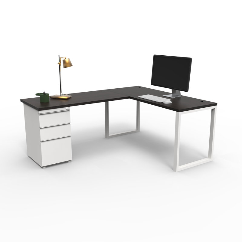 The City, Modern L-Shaped Office Desk for Office and Home, Espresso Top with White Frame, Espresso/White