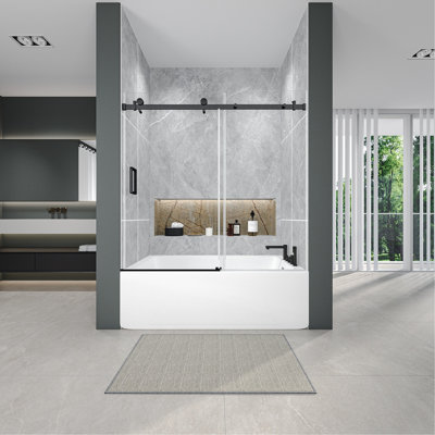56-60" W *60" H Frameless Single-Sliding Shower Door,1/4" (6Mm) Thick SGCC Tempered Glass,Matte Black,Bathroom,Hotel/Apartment