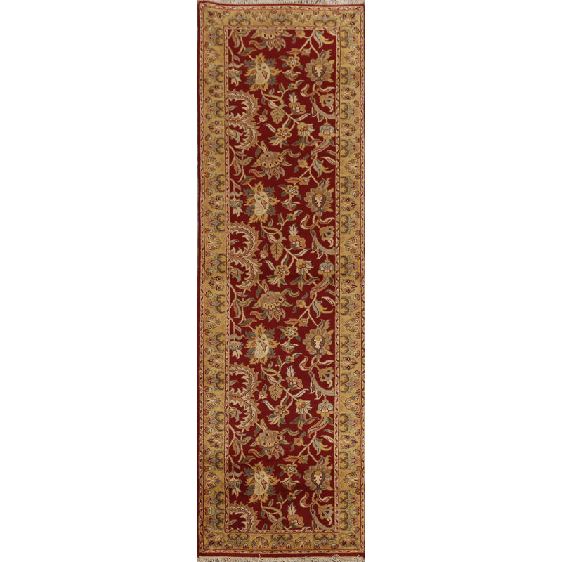 Tapis de couloir rouge noué à la main de conception unique 2 pi 6 po x 9 pi 7 po