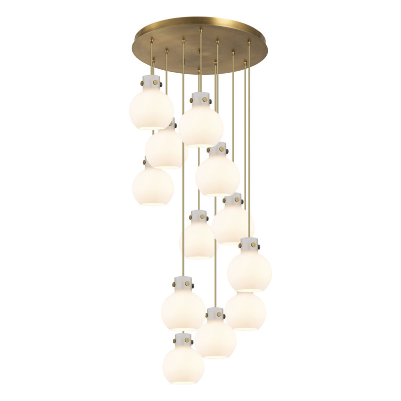 Luminaire suspendu sphère 12 lumières Amrith, Laiton brossé, Blanc
