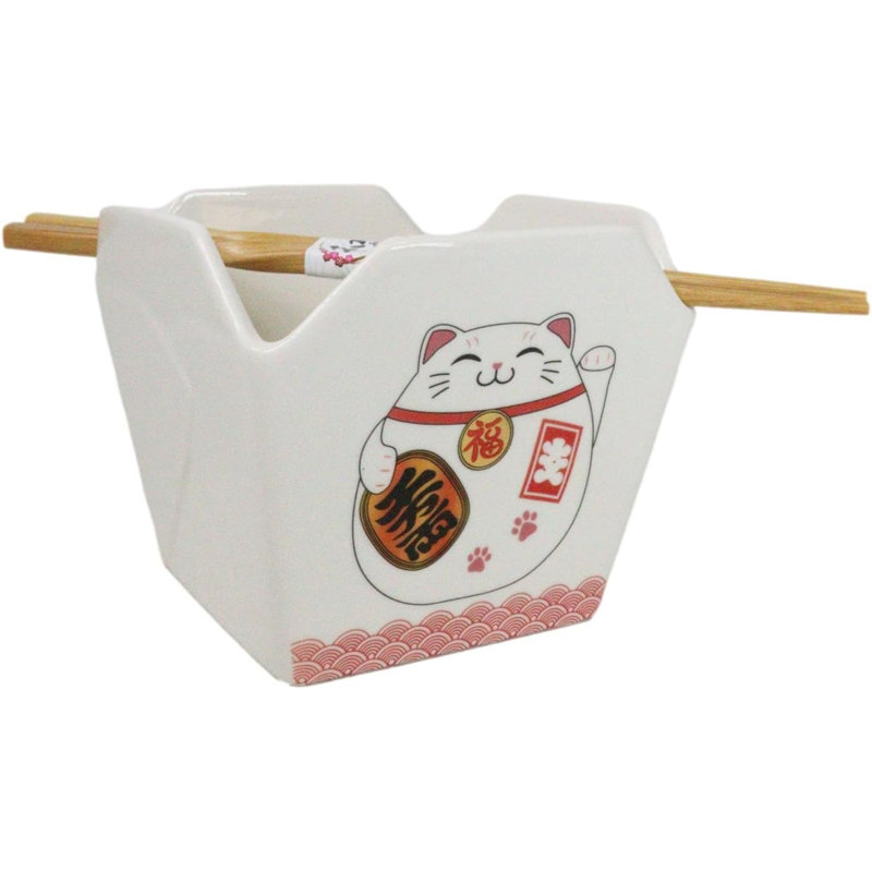 Ensemble de bol à emporter asiatique Maneki Neko Lucky Cat avec baguettes