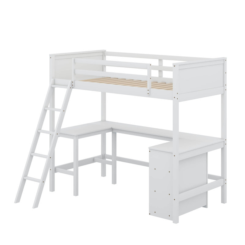Lit mezzanine simple avec tablettes et bureau, Blanc