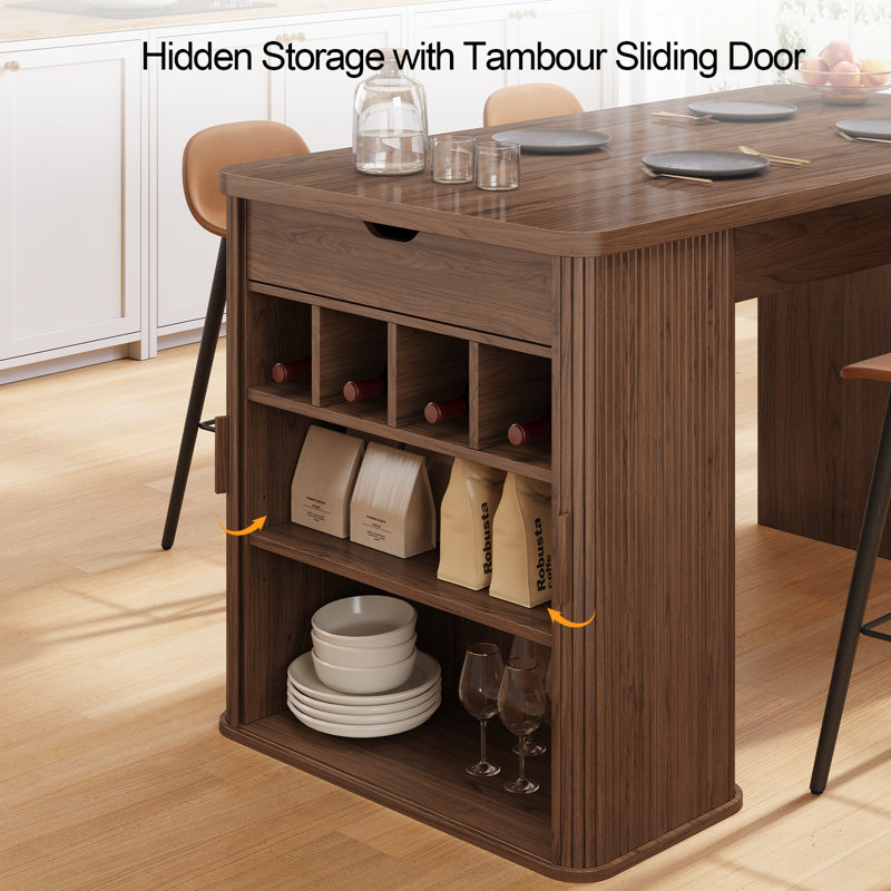 Counter Height Dining Table With Storage, Rectangular Bar Table With Drawer And Wine Rack, Walnut, 34.7" H x 61" W x 31.5" D