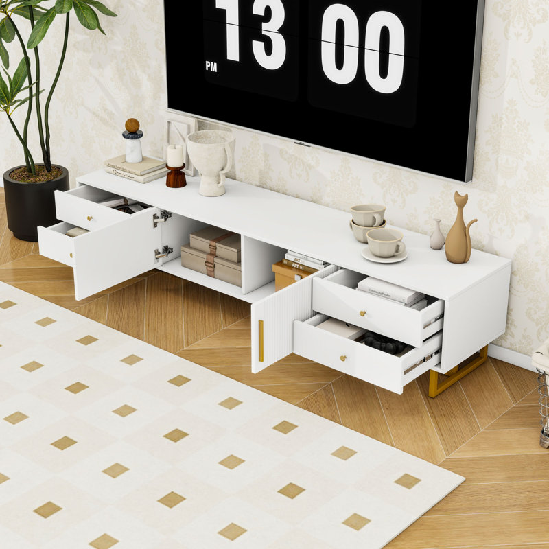 Meuble télé moderne avec 4 tiroirs, 2 armoires et portes à rainures ondulées, Blanc