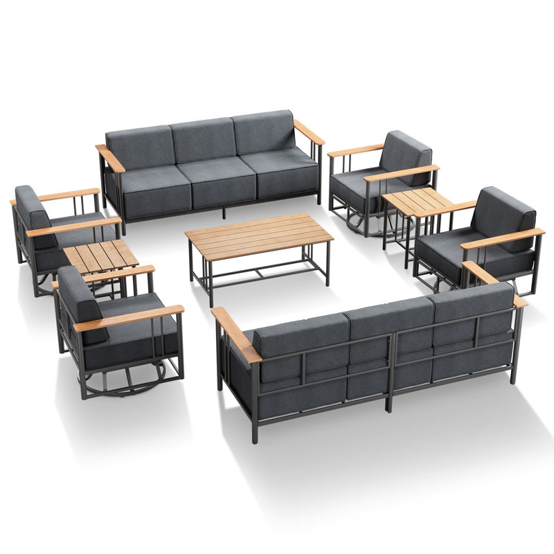 Coan 10 Person Outdoor Patio Modern Metal Party Conversation Set With 4 Swivel Chairs, Black Cushion/Black Frame